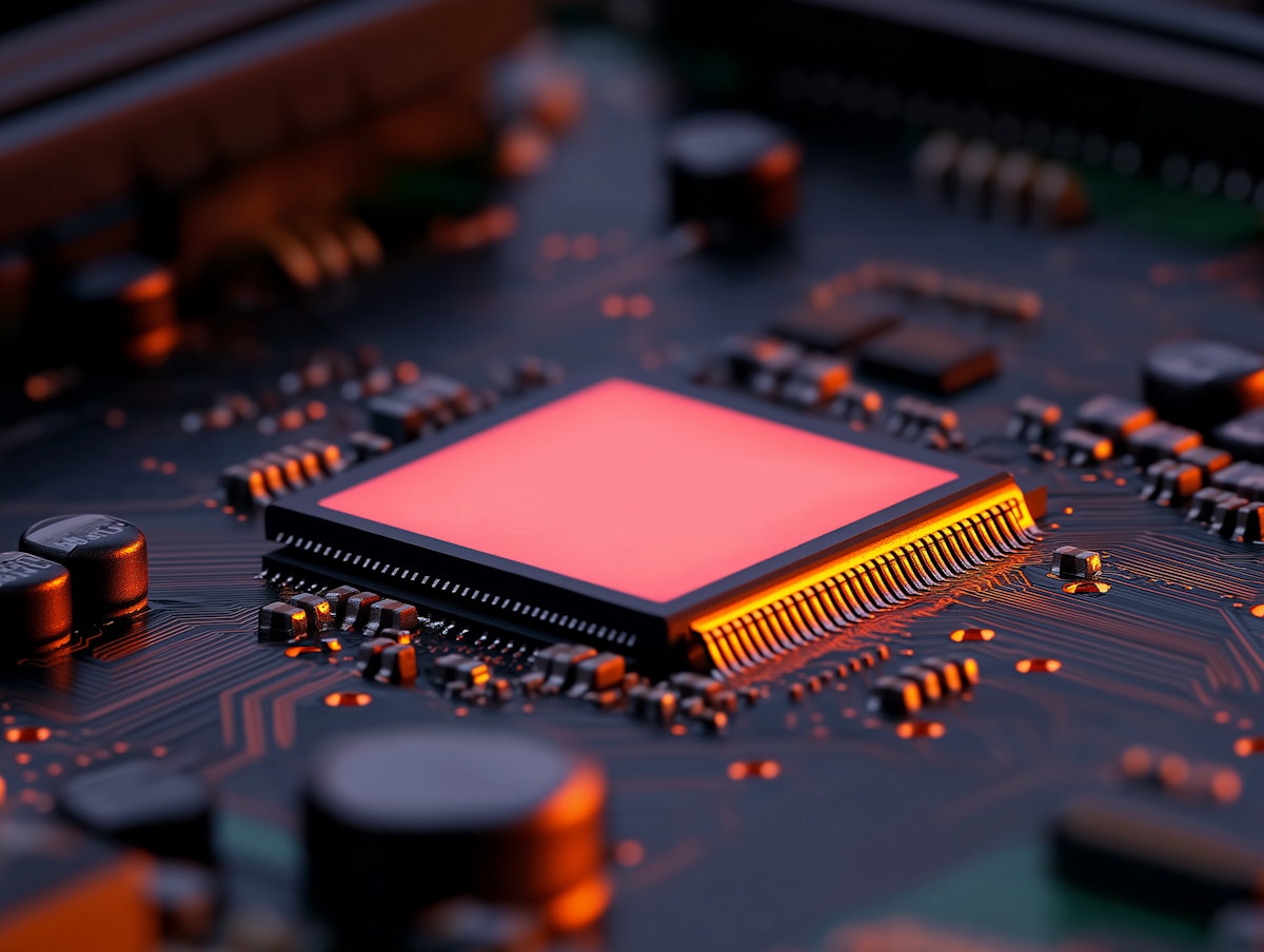 Close-up of Computer Motherboard with Central Microchip